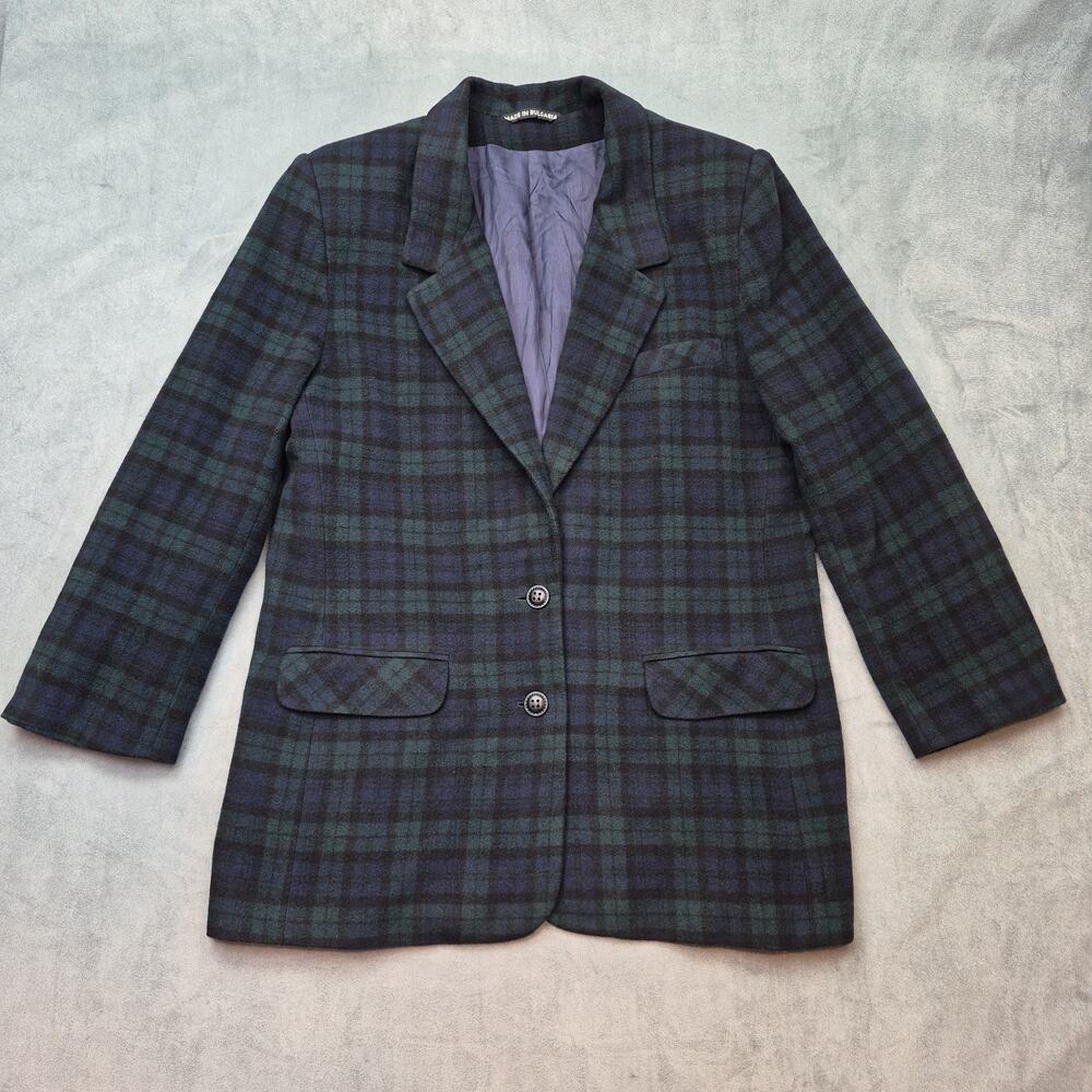 Vintage Blazer Womens 16 Green Blue Tartan Plaid Wool Blend Academia Preppy